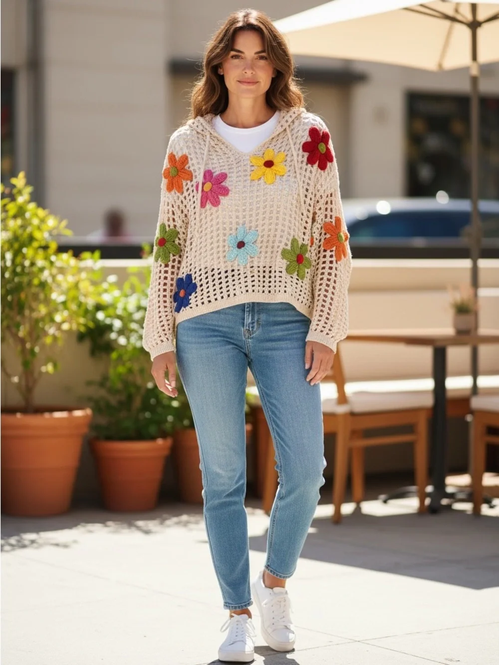 Boho Crochet Flower Open-Knit Sweater - Cream with Multi-Color Flowers-OS